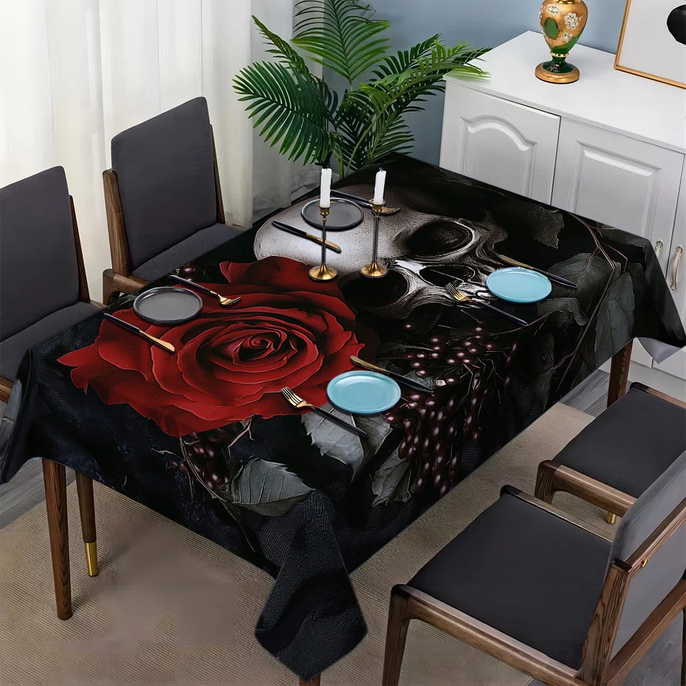 VIKAMA Gothic Skull Black Rose Rectangular Tablecloth Dark Print Waterproof Table Cover Halloween Party Decor