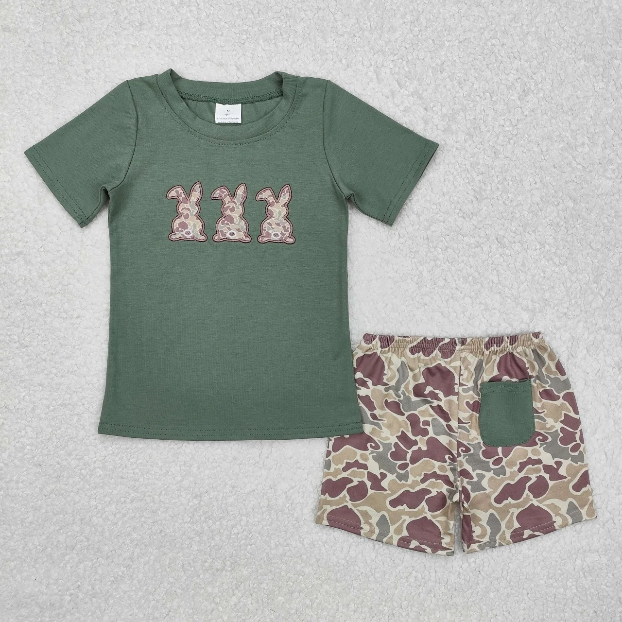 Wholesale Baby Boy Easter Outfit Toddler Short Sleeves Cotton Green Shirt Kid Camo Pocket Shorts Children Embroidery Rabbits Set