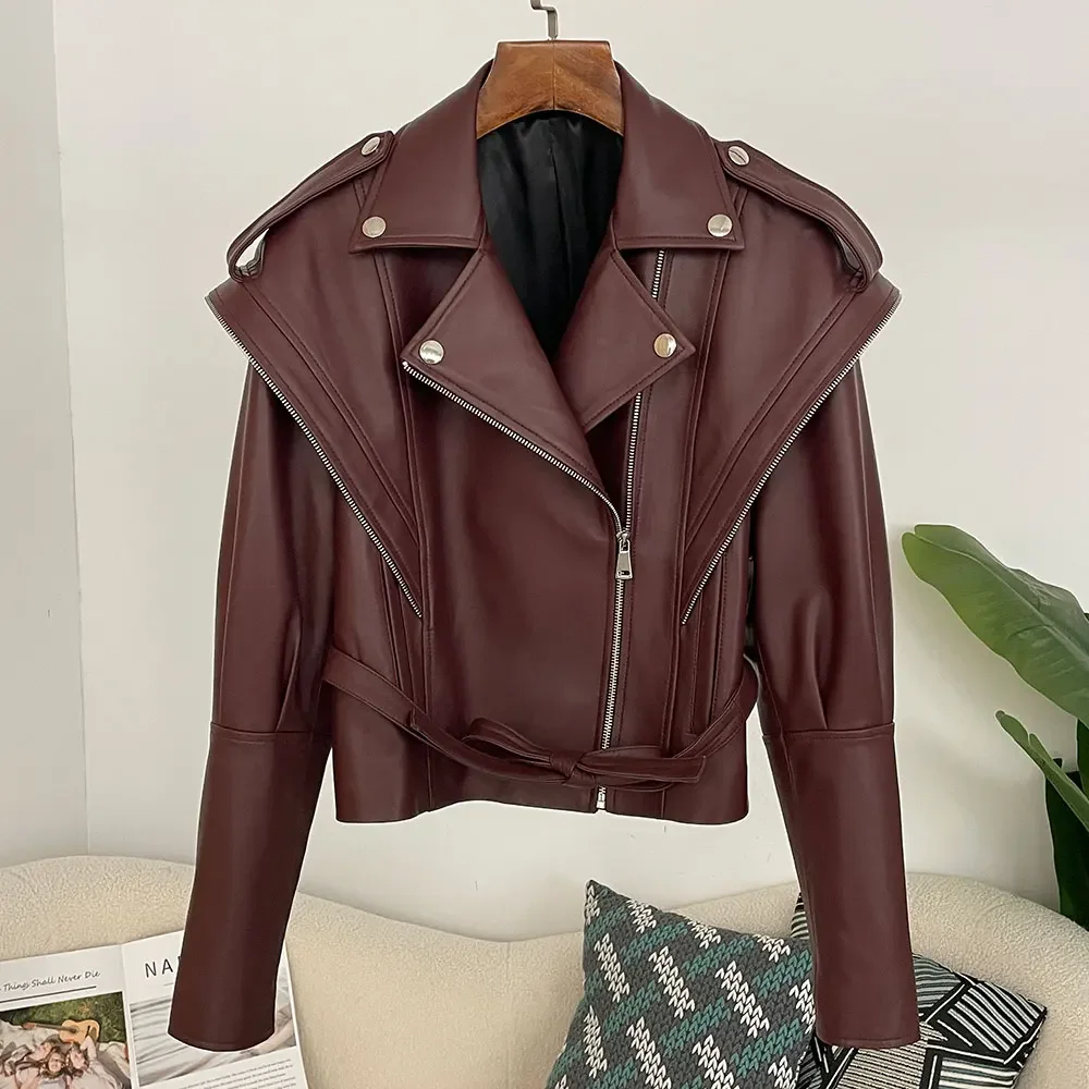 Women's Biker Real Leather Jacket Autumn Genuine Leather Jacket Women Casual Premium Shoulder Design Real Sheepskin Outerwears