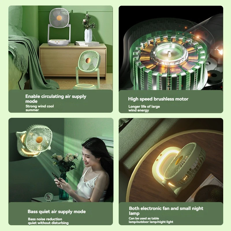 Ventilador de iluminación recargable USb, ventilador pequeño plegable de doble propósito montado en la pared, uso al aire libre, dormitorios de estudiantes, camas, hogar