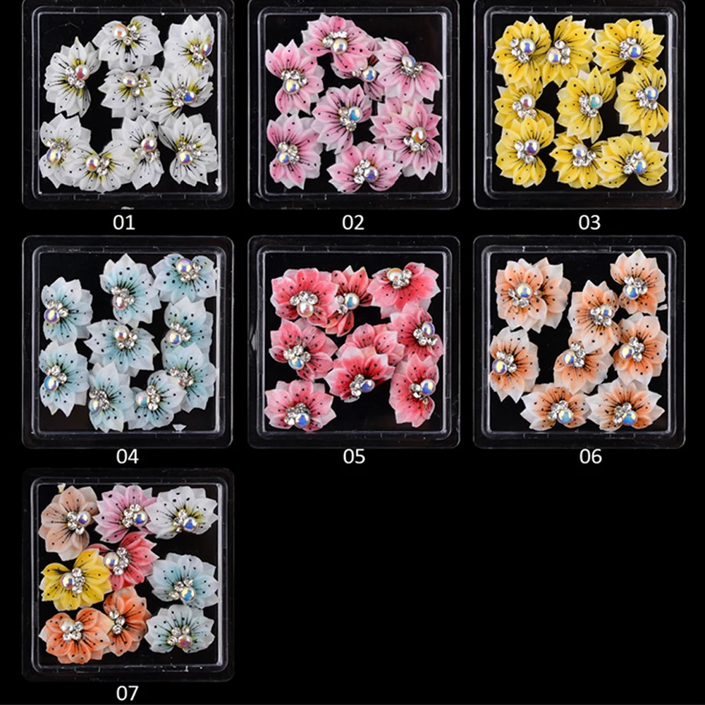 5Pcs 3D Side Flowers and Petals Nail Charms Acrylic Carved Flower Art Decor wiht Pearl Rhinestone Floret Manicure DIY Accessory*