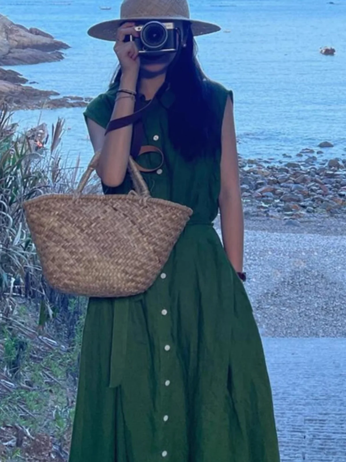 Sommer ein Loose Svel irt Dr Damen Urlaub Taille-Cinching Langer A-Linie Rock Vintage Sle Pendeln Dr