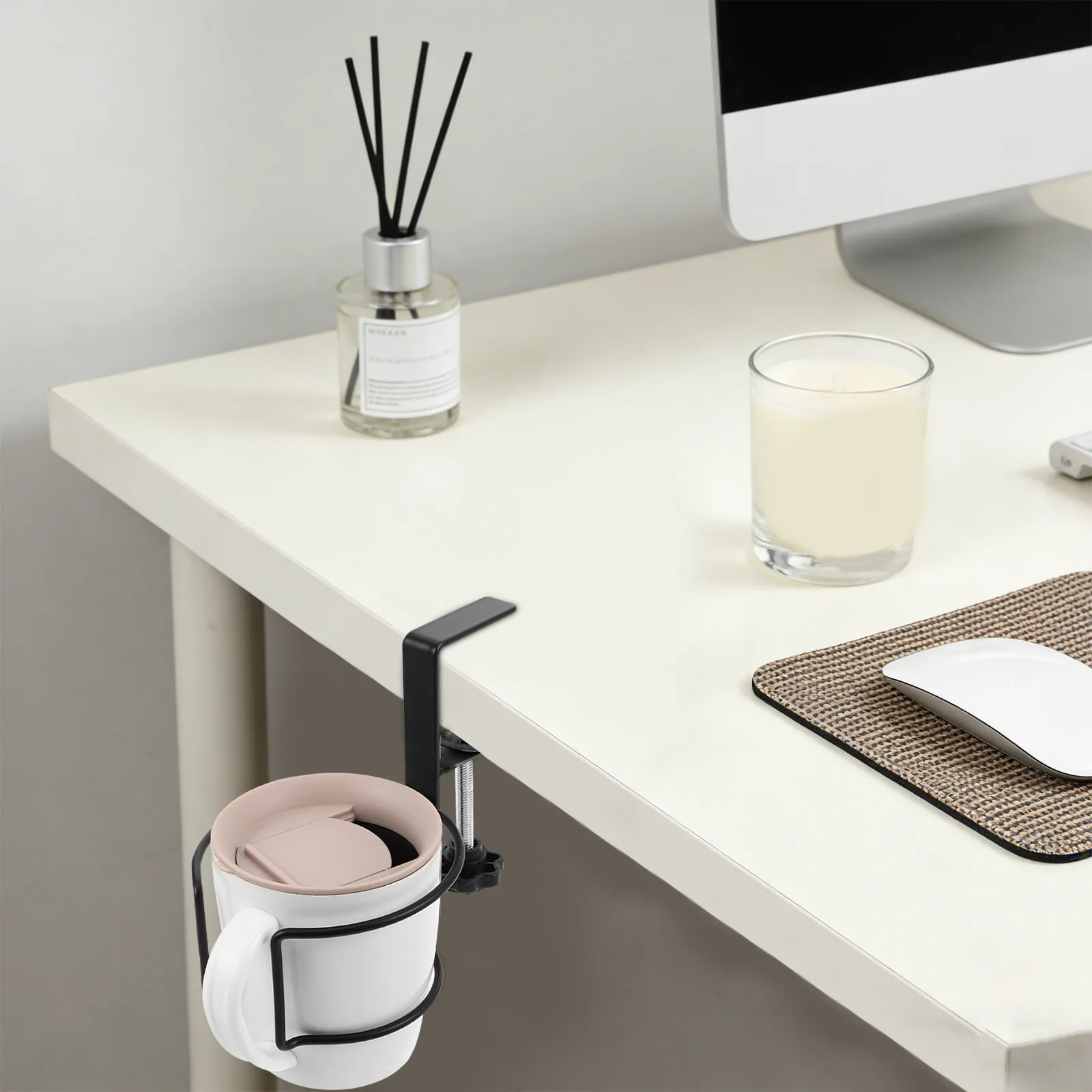 Desk Cup Holder Clamp White Adjustable Side Mounted Tabletop Beverage Holder for Office Desktop Organizer Desk Cup Stand