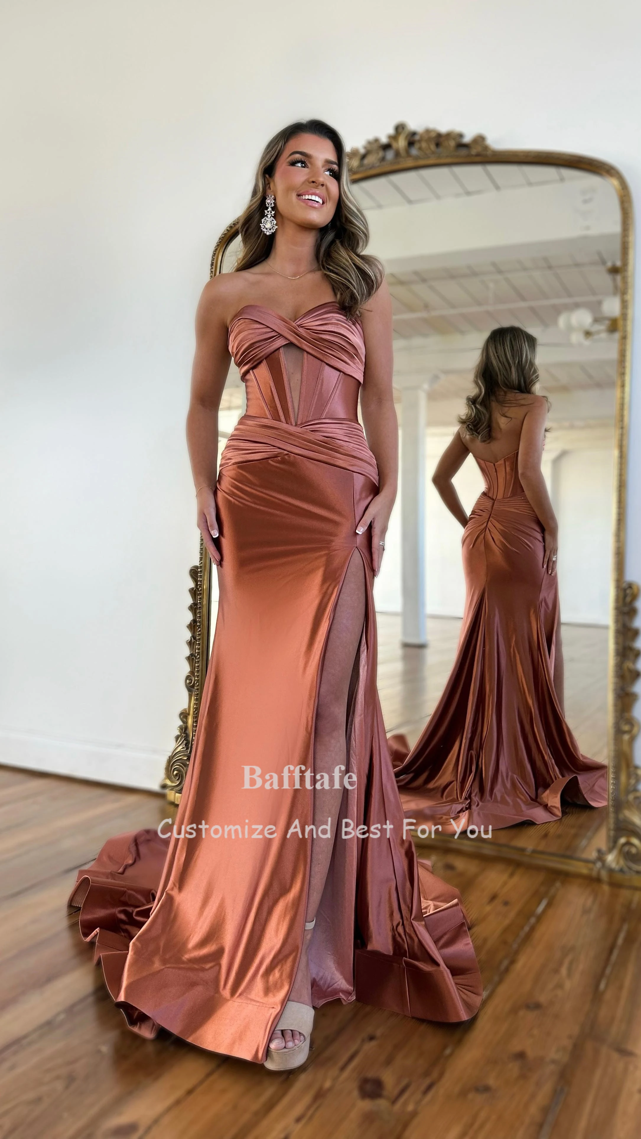 Bafftafe Customized Fuchsia Satin Mermaid Evening Dresses Pleated Slit Fishtail Long Formal Birthday Party Gowns Prom Dress 2024