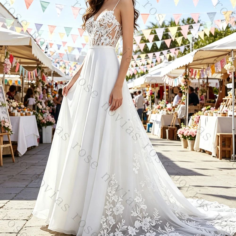 Customized Deep V Spaghetti Strap Chiffon Wedding Dress Floral Lace Applique A Line Long Train Bohemian Bridal Elopement Gown