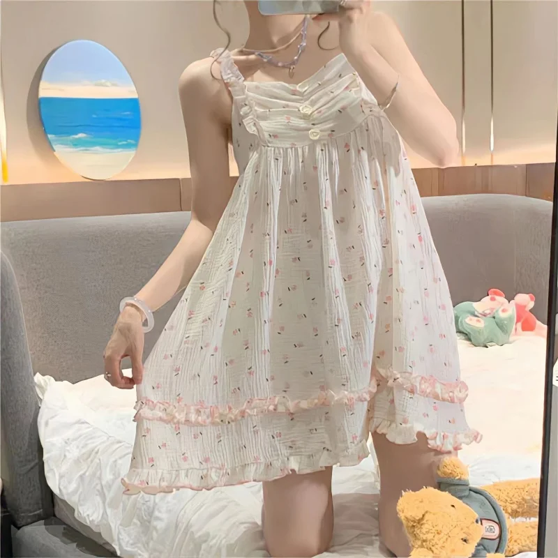 Nightgowns Women Summer Printed Leisure Sexy Sweet Folds Vintage Sleepwear Ladies Aesthetic Ins Popular All-match Home Lounge