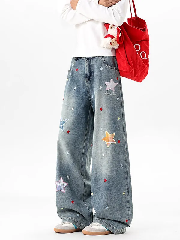 

TANGZ Studio American Sle Straight Leg Jeans Men's High Street Design Star Embroidery Denim Pants Street Dance Trousers