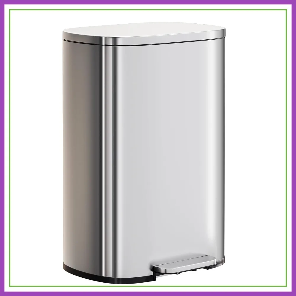 

13 Gallon Stainless Steel Trash Can with Lid, Foot Pedal Soft Close & Inner Bucket
