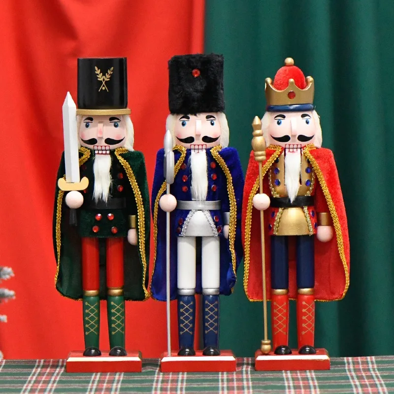 38CM Wooden Nutcracker King Doll with Cloak European Style Wooden Puppet Ornament Christmas Home Desktop Decoration Craft Gift