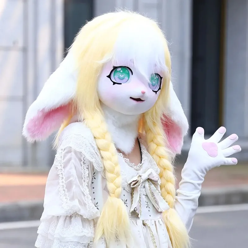 Fursuit cabeza Kigurumi Kig máscara peluda disfraz Cosplay pata cola Comiket cabeza peluda conejo muñeca Animal Cosplay disfraz chico regalo