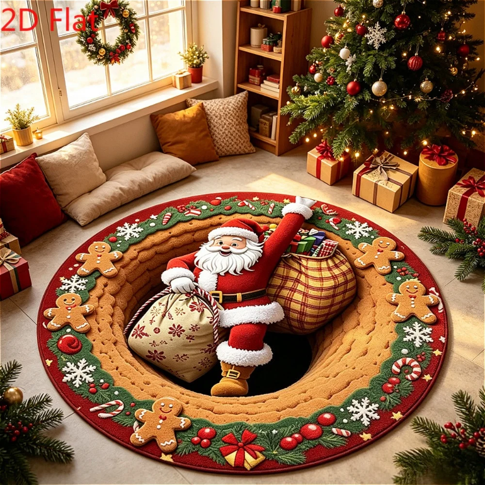 Santa Claus Round Rug Christmas Ladder Chimney Plaid Border Velvet Non Slip Carpet for Living Room Bedroom Window Entryway