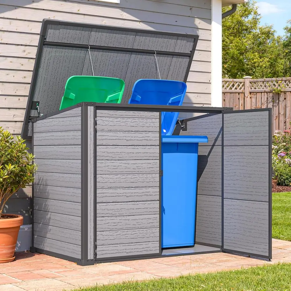 

Outdoor Resin Trash Can Storage Shed with Reinforced Floor, Fits 2x64 Gal Cans, Waterproof Horizontal Storage Cabinet