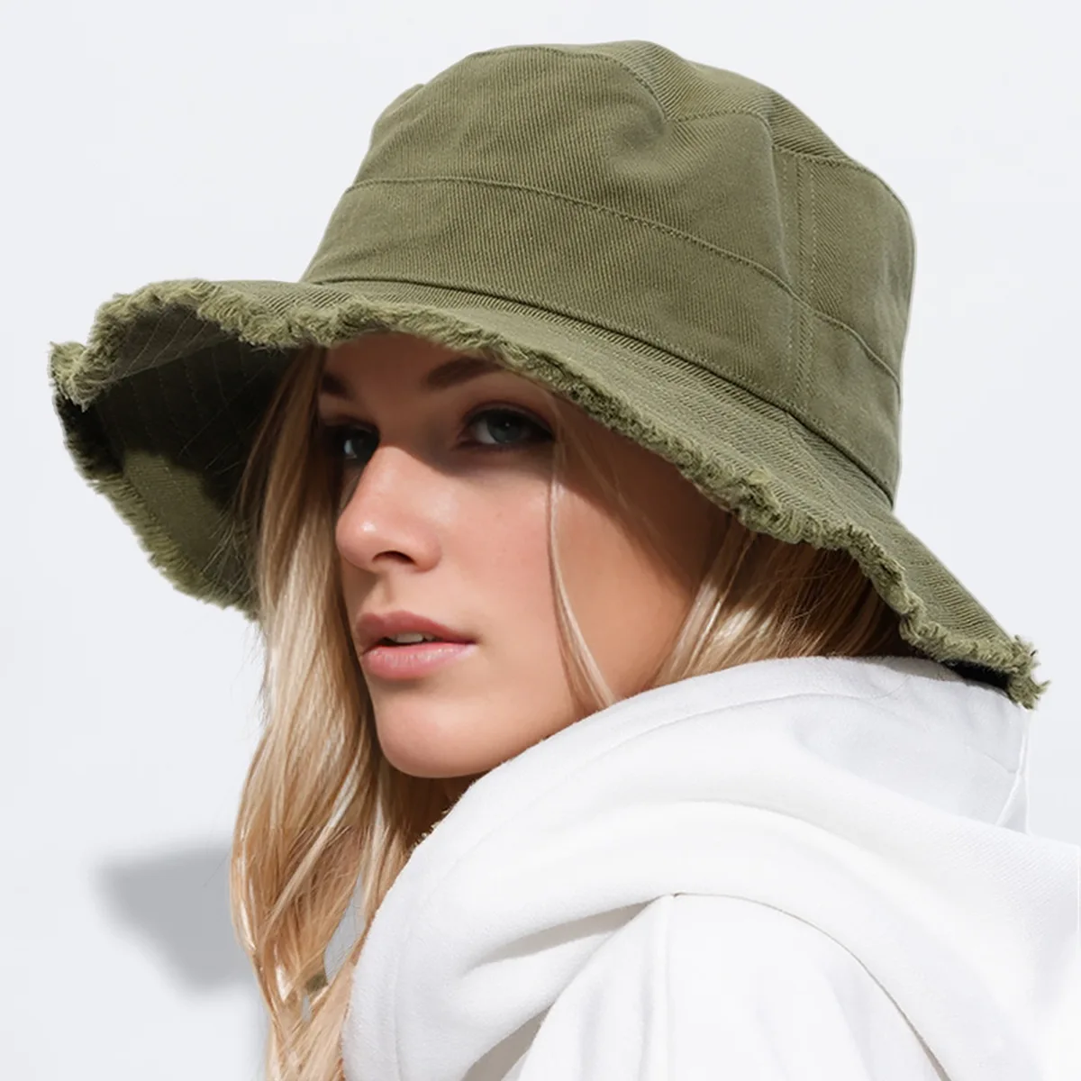 Ladies\' denim drawstring torn edge bucket hat, sun resistant outdoor hiking hat, adjustable, fashionable daily travel headwear