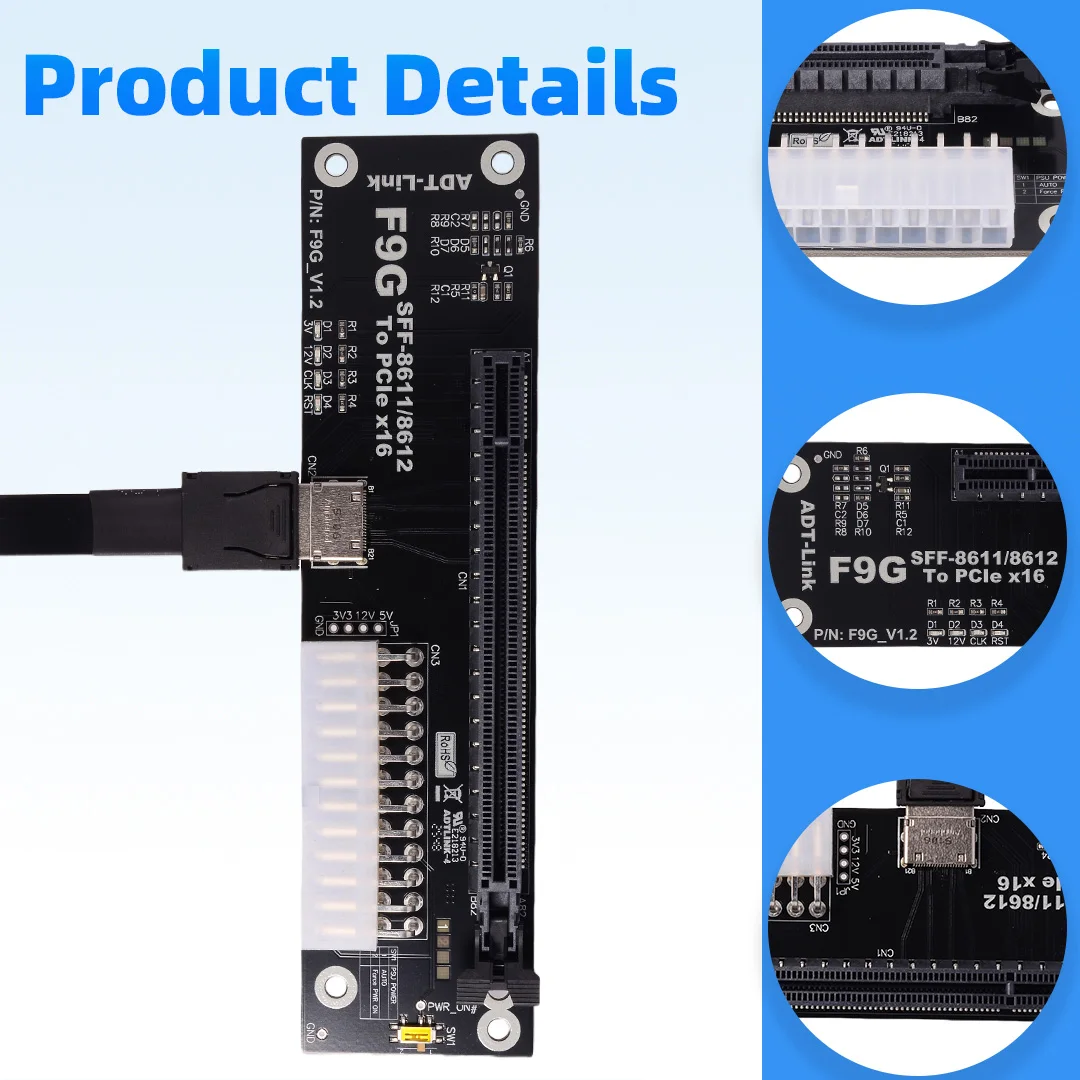 OCuLink SFF-8611 /8612 to PCIe X16 External Graphics Card GPU Dock EGPU Expansion Adapter 5.0 X4 128Gbps For ATX Open Laptop PC
