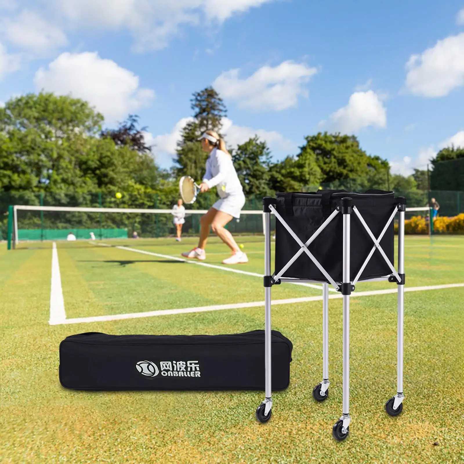 Tennis Ball Cart Sports Teaching Cart with Casters Aluminum Alloy*Foldable Storage Container Easy Transportation Collector