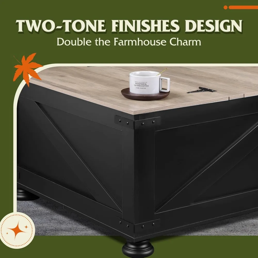 Meja kopi atas Farmhouse, Meja tengah kayu persegi 31.5 "dengan tutup Flip-Top dan kompartemen penyimpanan tersembunyi besar