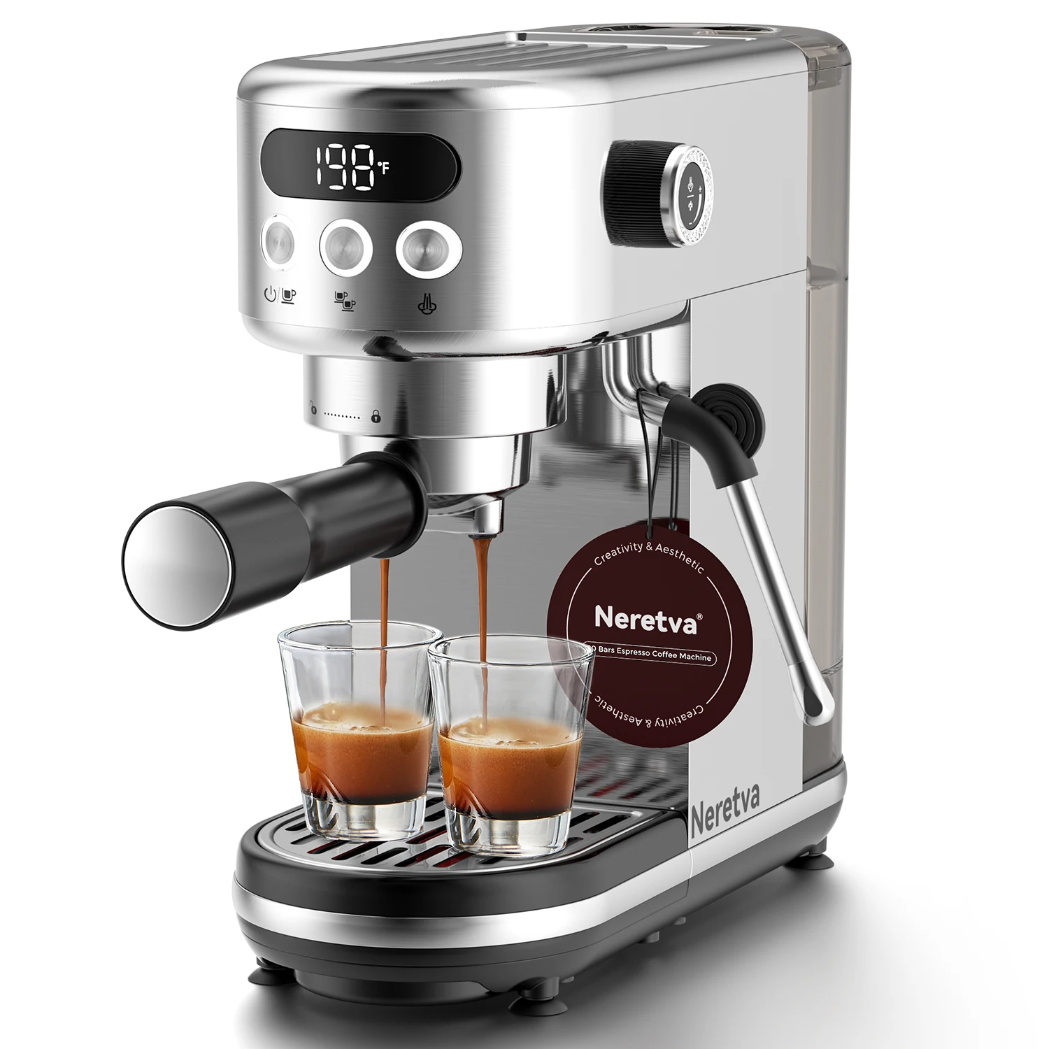 Neretva 20-bar espressomachine Compact espressomachine met LED-display en melkopschuimer voor thuisbarista roestvrij staal