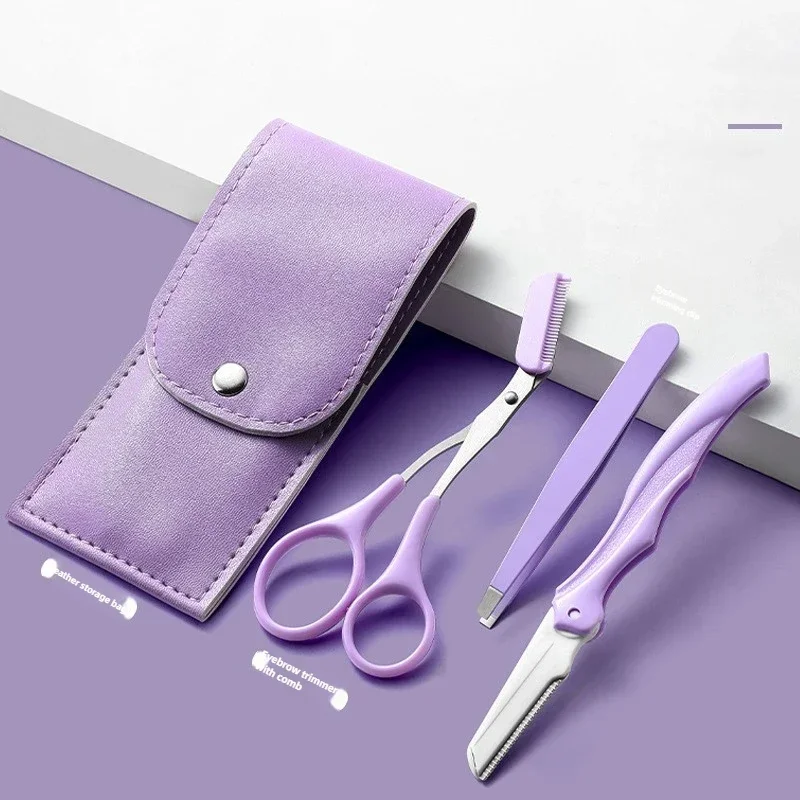 3-teiliges tragbares Augenbrauen-Trimm- und Make-up-Set mit Augenbrauenrasierer, Schere und Kamm für präzise Pflege.