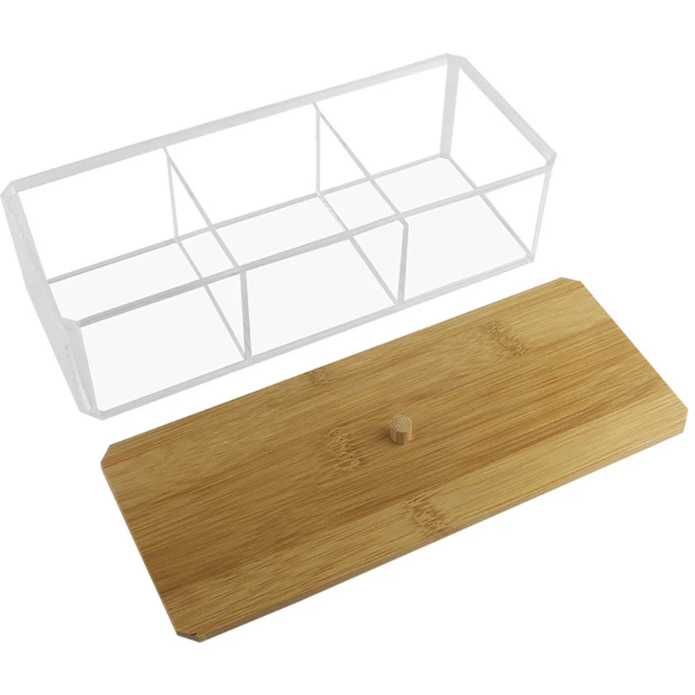 

3 Compartment Bamboo Acrylic Organizer Transparent Storage Box for Cotton Swabs Pads Dispenser Bathroom Countertop Accessories