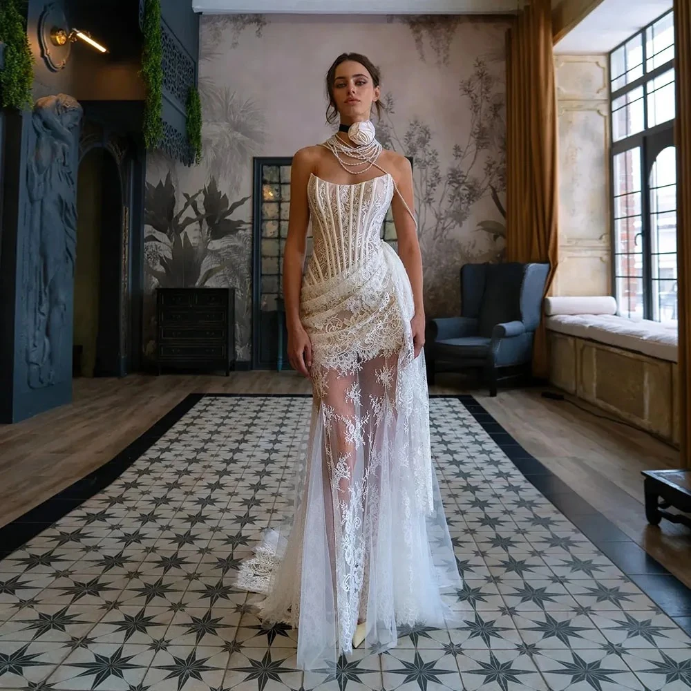 Robe de mariée Sexy pour femmes, sans bretelles, Corset personnalisé, Tulle transparent, dentelle, sirène, longueur au sol, robe de mariée de luxe, 2026
