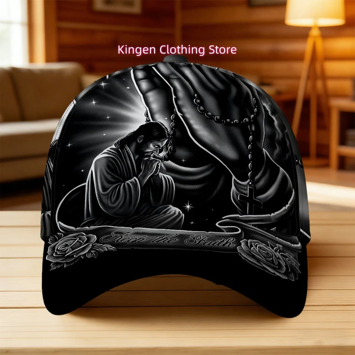 1pc with Faithful Praying Hands Cross Print Adjustable Snapback Cap Fashionable Funky Style Hat Sunshade Hat Perfect for Running