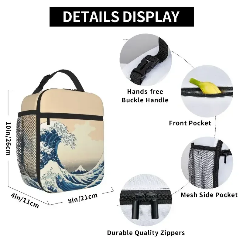 Great Wave Off Kanagawa Insulated Lunch Bag Portable Waterproof Thermal Cooler Oxford Lunch Bag for Work School Food Bento Box
