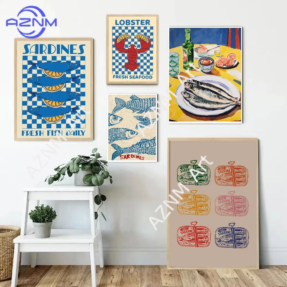 

1 шт. Красочные постеры с сардинами, лобстерами и морскими животными в классическом винтажном стиле, принты на белой бумаге, художественные работы, декор для комнаты в стиле каваи