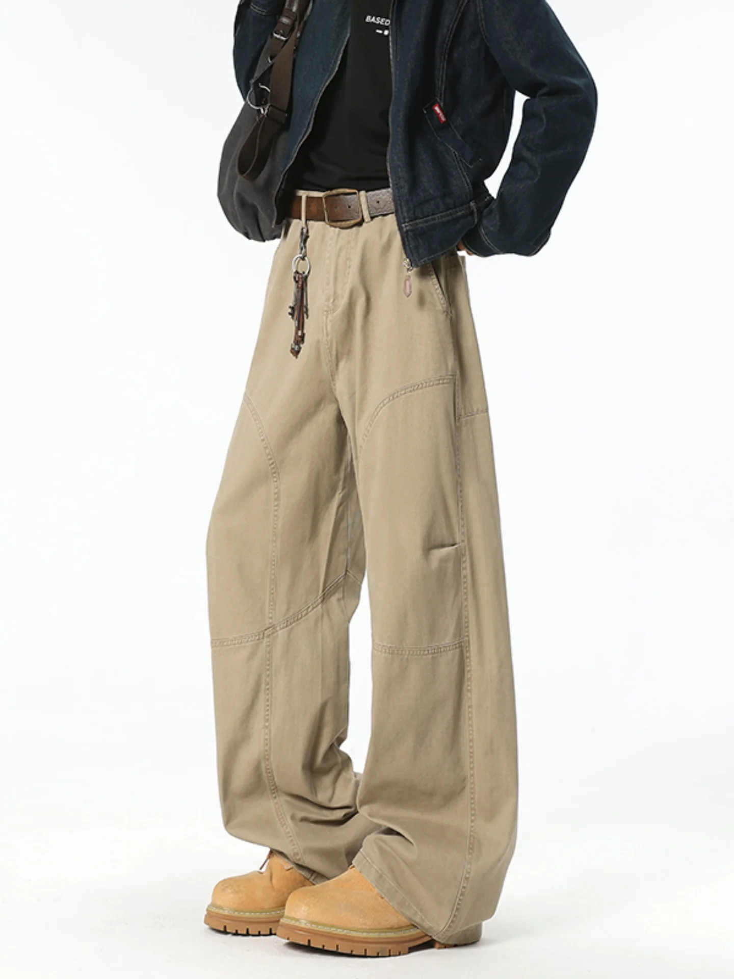 

Khaki Men's Loose Casual Pants American Sle Blade Design Splicing Straight Workwear Trousers Autumn Wide Leg Comfortable