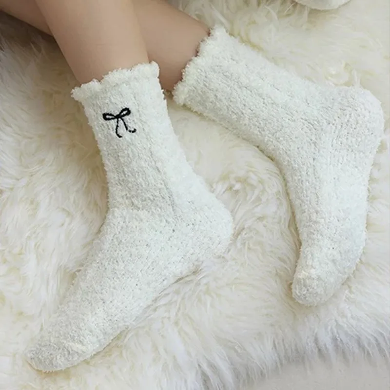 1/4Pairs Thick Plush Mid Tube Socks Women Coral Fleece Soild Color Thickened Warm Winter Harajuku Fashion Simple Home Sleep Sock image 5