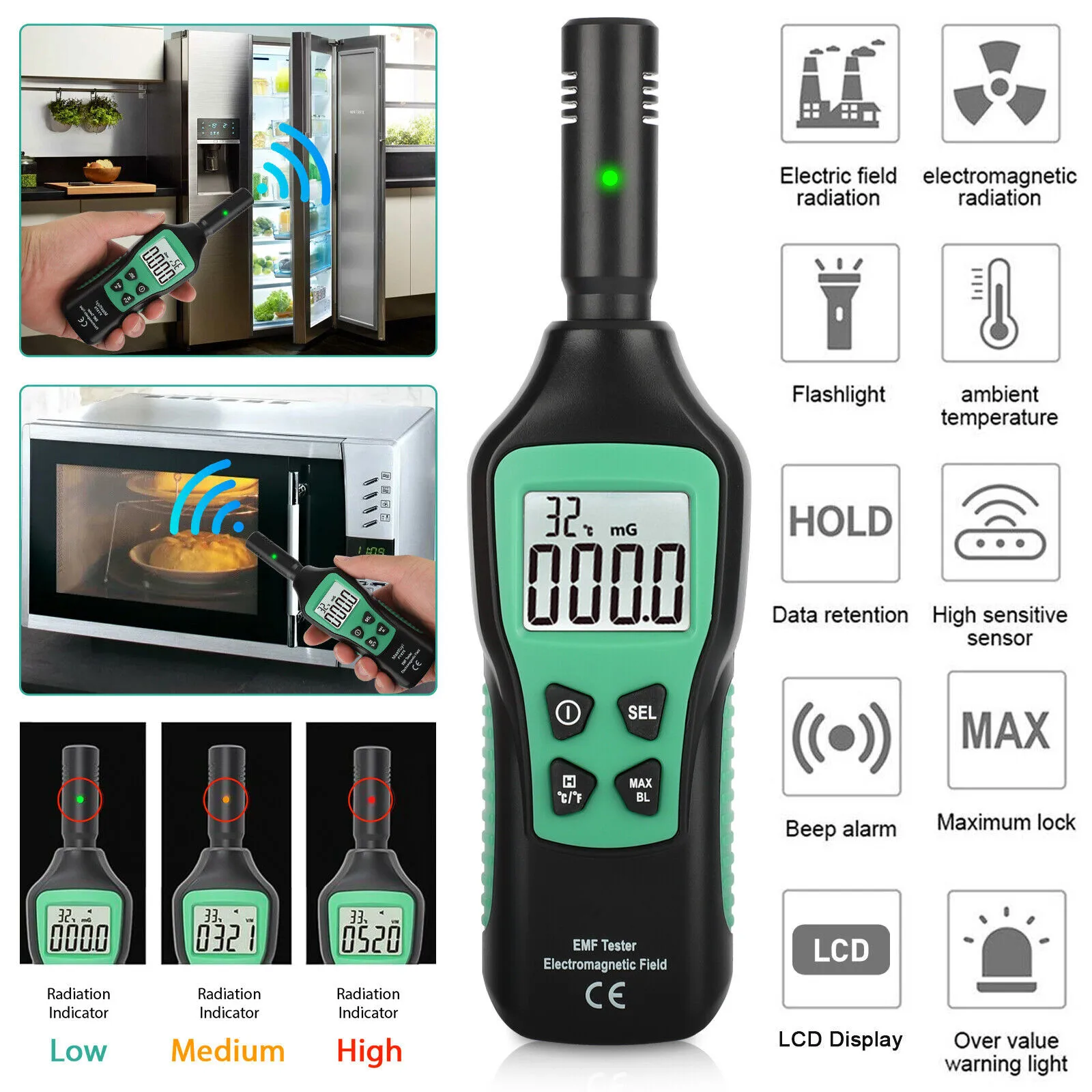 LCD Detector De Radiação Eletromagnética, Dosímetro, Medidor EMF, Alta Precisão Wave Tester, Monitor Doméstico
