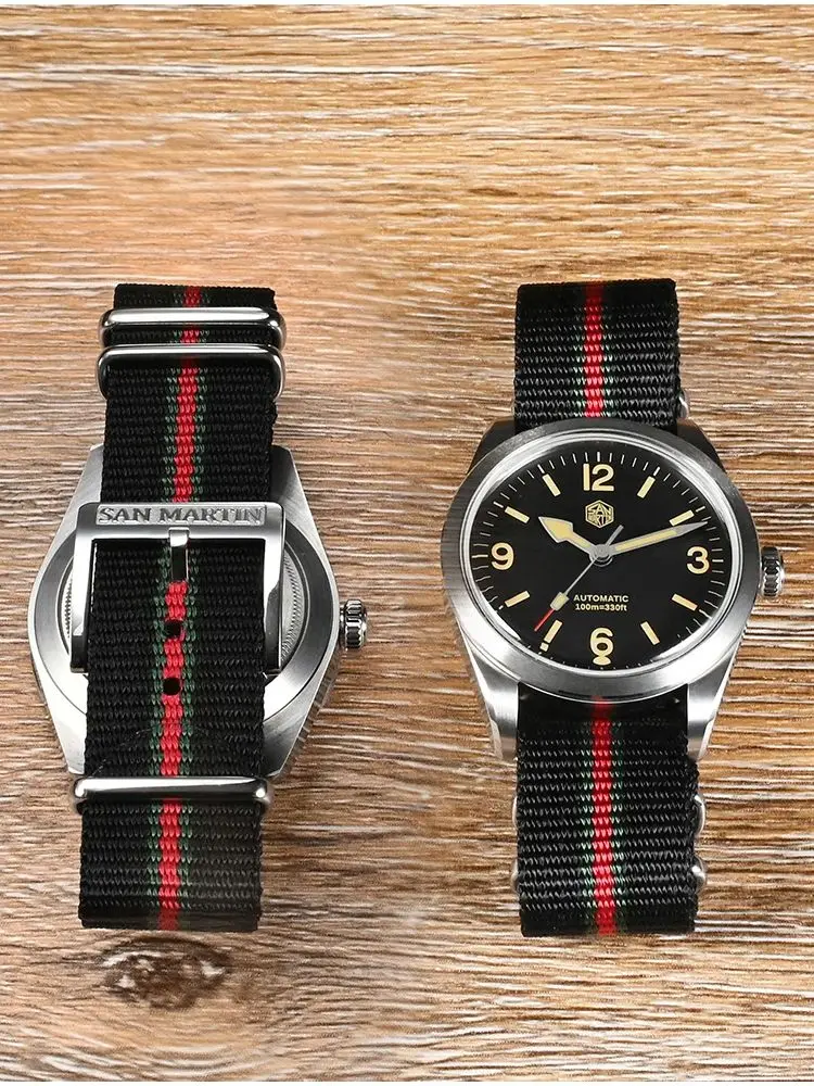 San Martin 20mm Rugged Woven Fabric Watchband Nylon Military Style Wrist Watch Strap Classic Vintage Stripes Steel Buckle BD0015