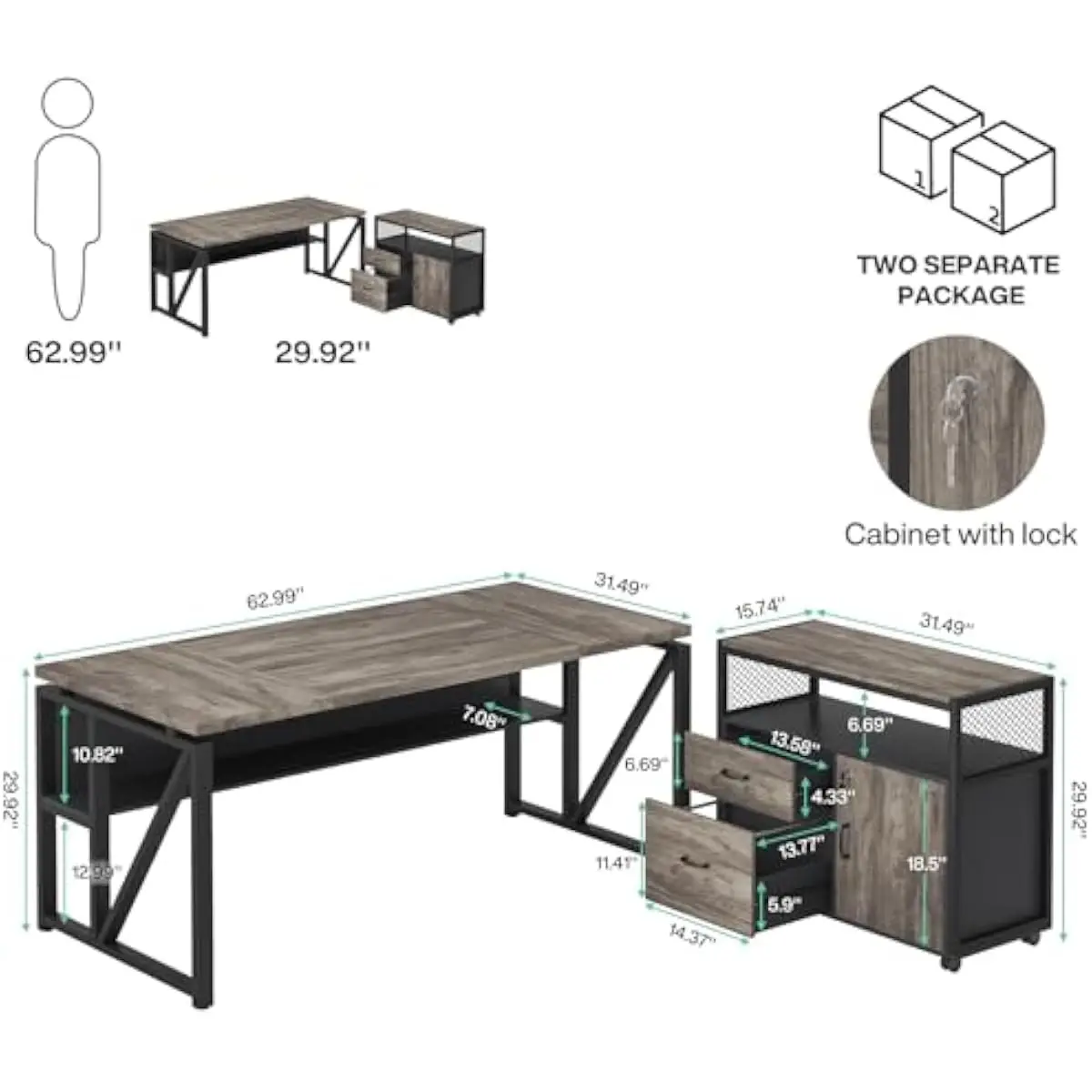 L-shaped home office set with expansive 63-inch workstation and matching 32-inch lateral file unit featuring dual storage tiers,