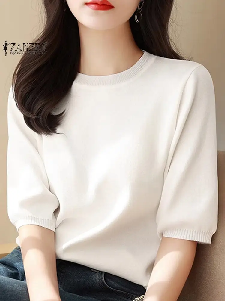 ZANZEA Women Knitted T Shirt Korean Fashion Half Sleeve Simple Tees 2024 Summer Round Neck Tuincs Casual Loose Solid Basic Tops