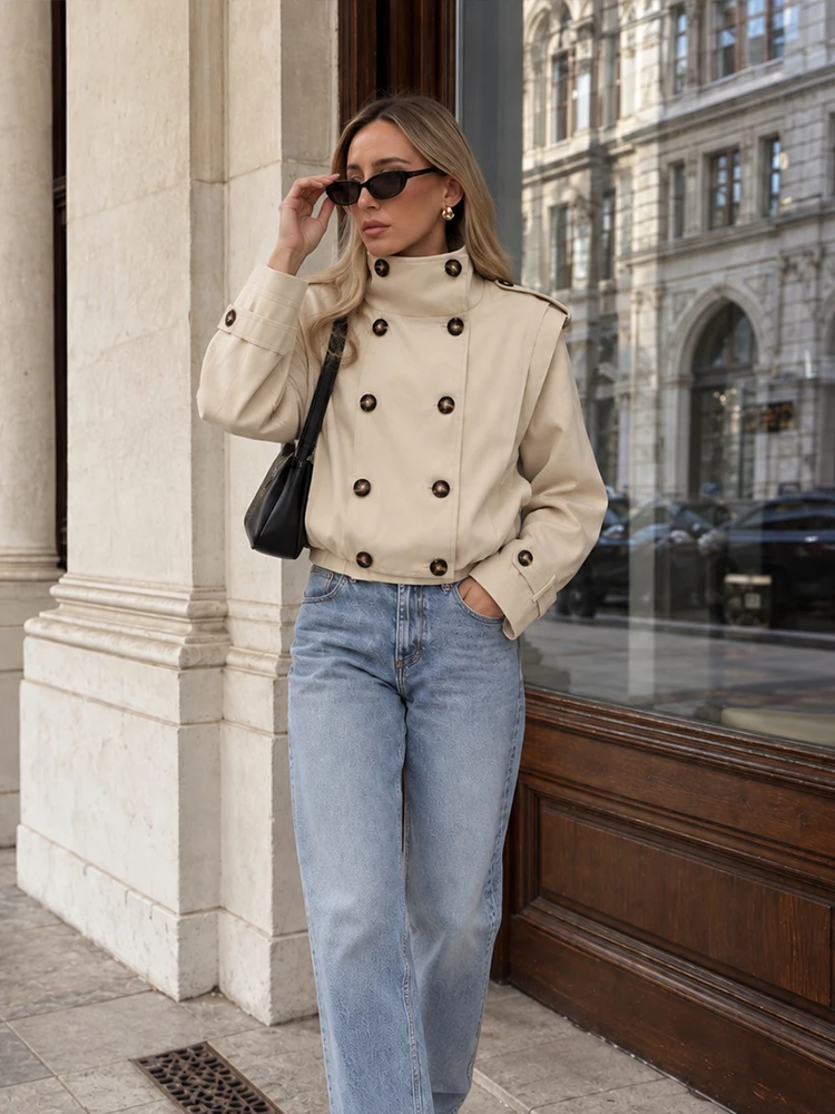 HH Fashion Women Cropped Outerwear Stand Collar Shoulder Epaulets Gathered Hem Double Breasted Long Sleeve Autumn Street Coat