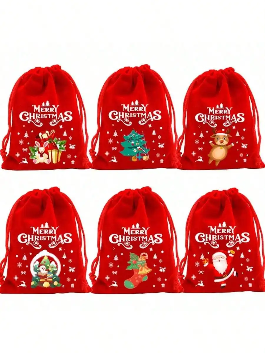 10pcs Large Christmas Velvet Drawstring Gift Bags, 12 Xmas/Halloween Random Patterns