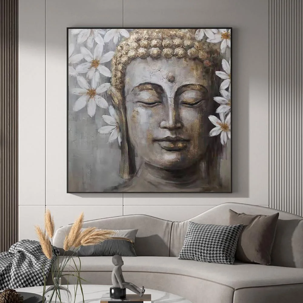 

Hand-Painted Acrylic Canvas Painting Retro Religion Buddha Head Wall Art oil Painting for Modern Living room Gallery Decoration