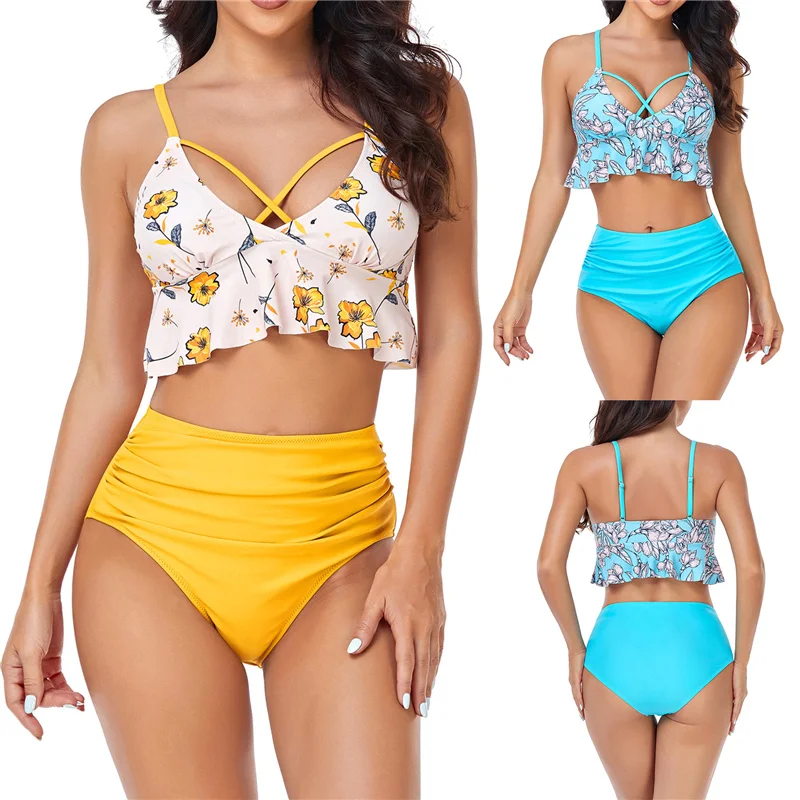 Women Swim Bikini Suit, Floral Sleeveless Swimming Ruffle Vest Tops Swimwear Briefs Summer Pool Beach 2Pcs Suit