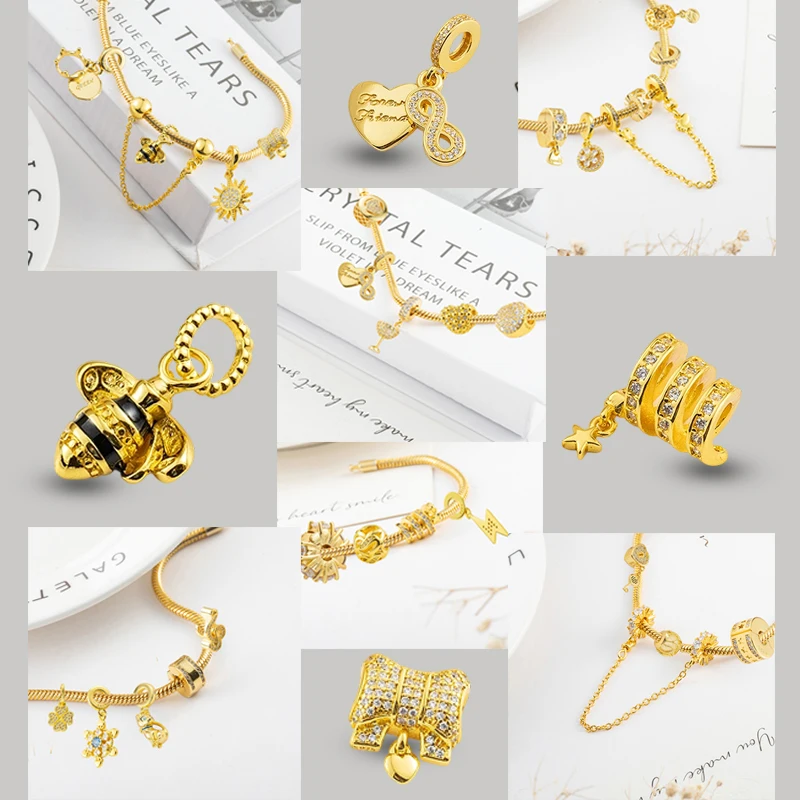 

Hot Sale Gold Plated Sparkling Heart、Bee Pendant & Security Chain Charm Beads Fit Original Silver 925 Bracelet DIY Women Jewelry