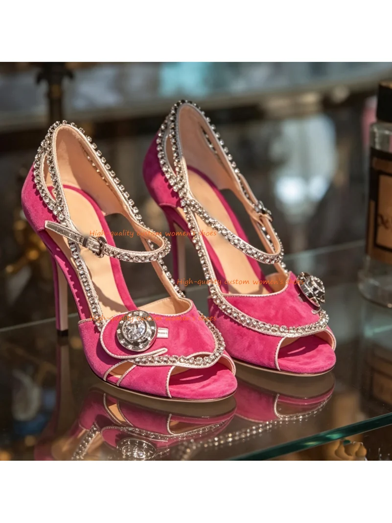 Velvet Fabric Pink Summer Fairy Sandals Round Head Open Toes Stilettos Instep Large Rhinestones Decorate Luxurious Evening Shoes