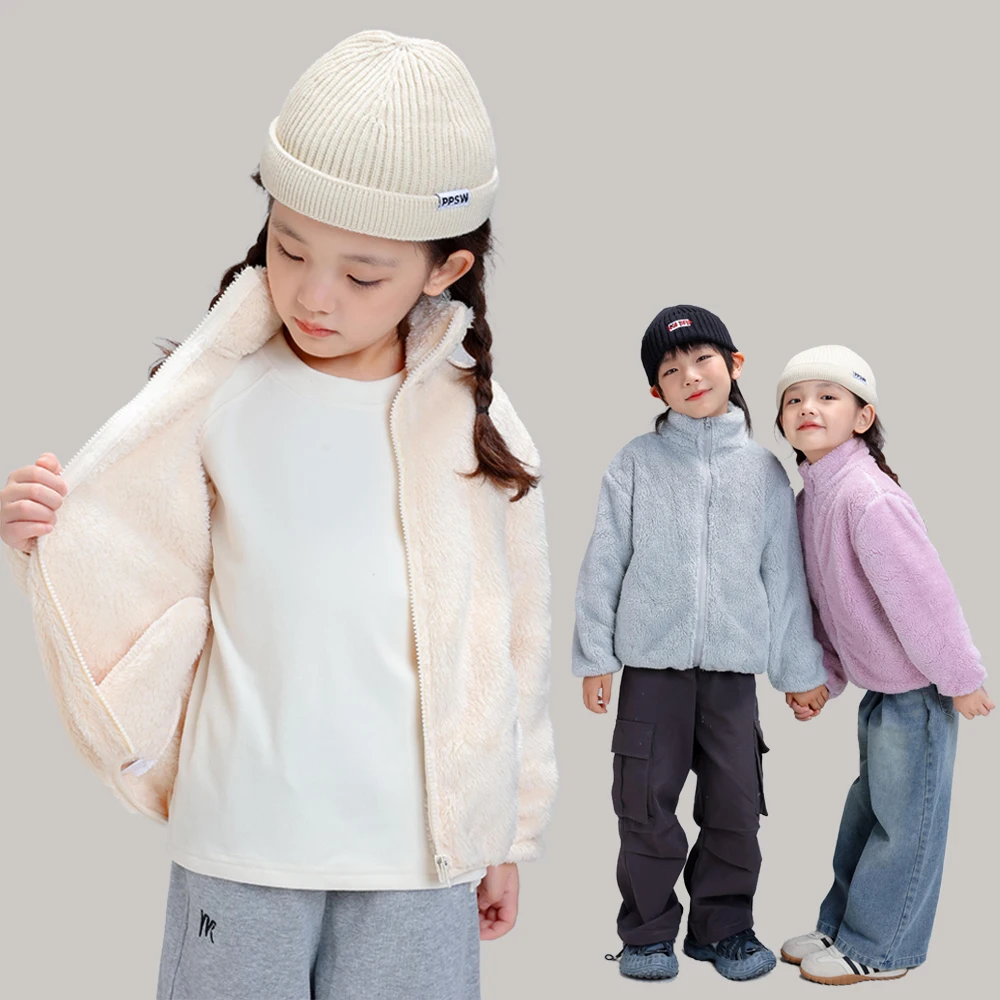 Family Matching Coral Fleece Jacket, Stand Collar Zipper Plush Warm Coat, Autumn Winter Casual Outerwear for Boys Girls Kids & M