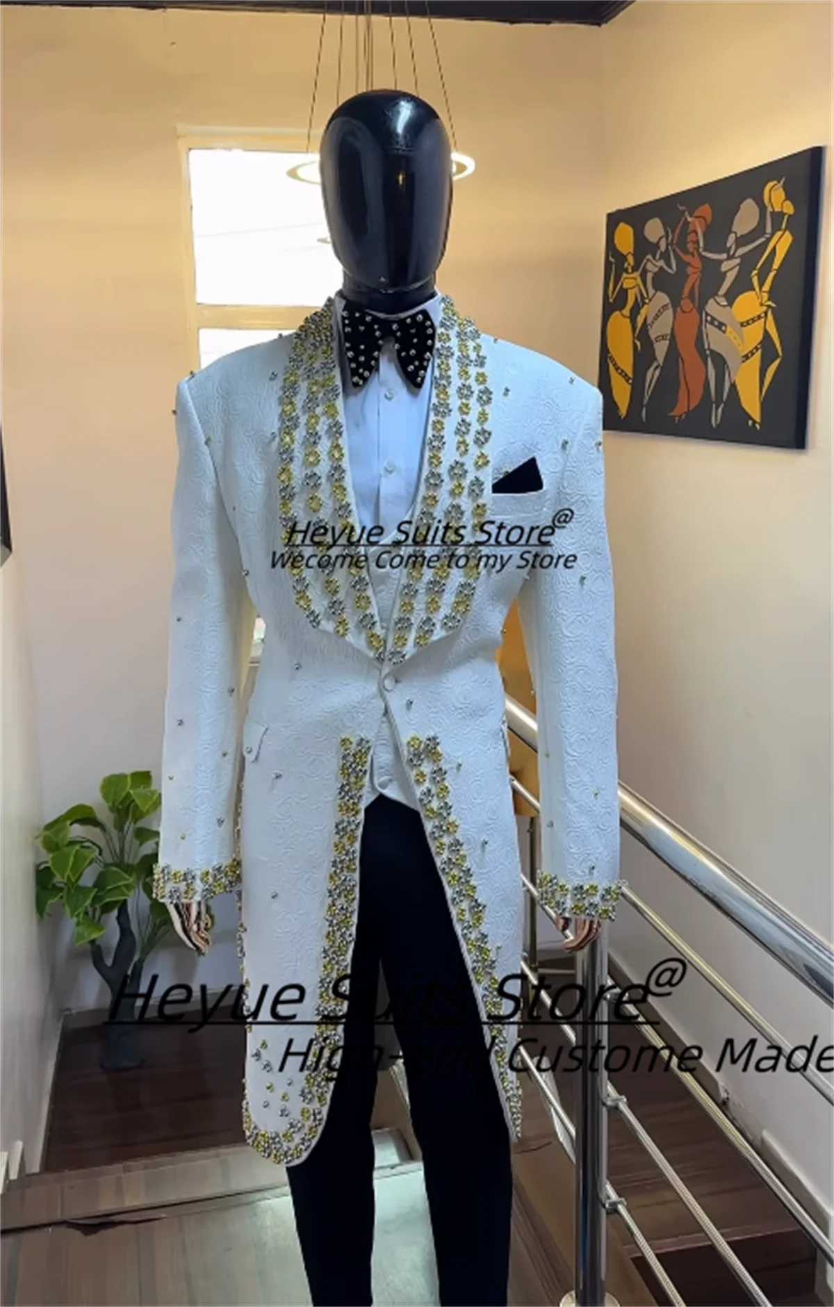 Gorgeous Diamonds  Groom Wedding Tuxedos Customized Shawl Lapel Long Men Suits Elegant Jacquard 3 Pieces Sets Male Party Blazers