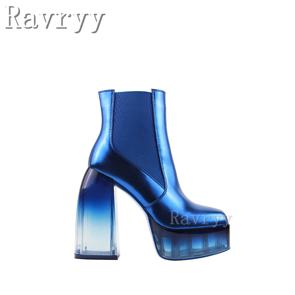 

Gradual Change Transparent Heel Short Boots Square Toe Metal Decor PU Mirror Platform Straight Slip-On Boot Fashion Woman Shoes