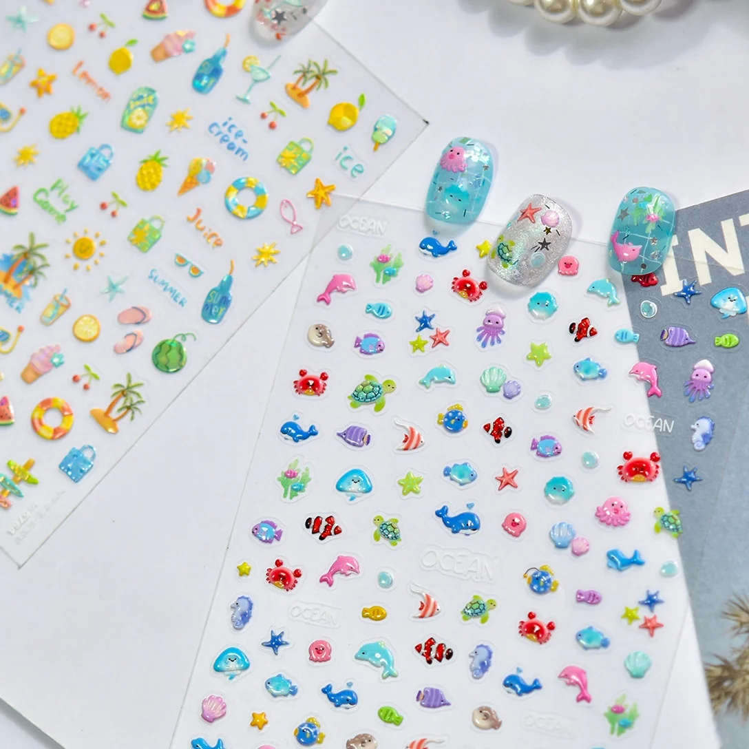 1PCS Embossed Summer Nail Stickers Palm Tree Pineapple Nail Art Accessories Sunny Holiday Pastel Summer Style Stickers view 3