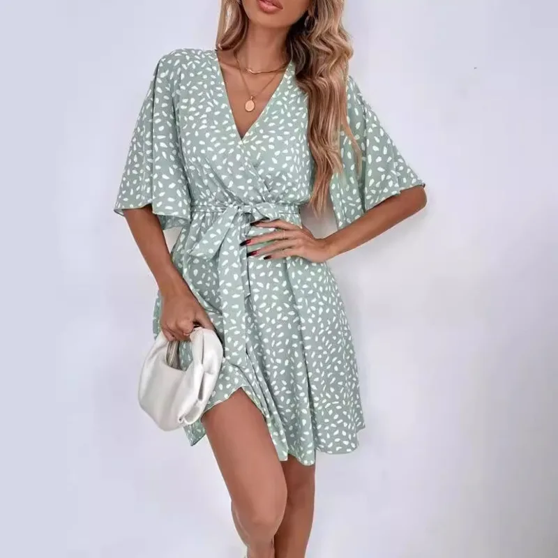 Women Boho Print Dress 2025 Summer Elegant Short Sleeve V Neck A Line Dresses Casual Loose Beach Party Sundress