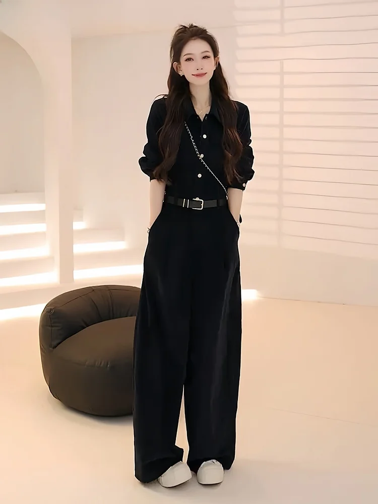 

Модный комбинезон La Chapelle с широкими штанинами, высокой талией и поясом, женские осенние корейские брюки-комбинезон для стройности