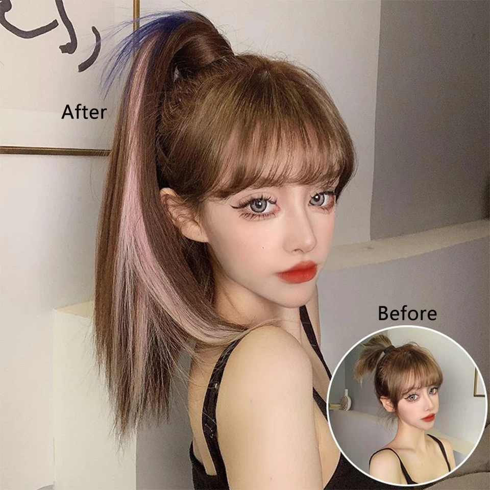 Ekstensi rambut ekor kuda panjang lurus wanita, ekstensi rambut poni sintetis highlight warna Phantom warna-warni