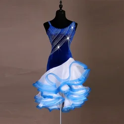 Rumba Salsa Performance Skirt Female Dance Dresses Shiny Black blue Sexy Latin Dance Dress Women High-end Custom