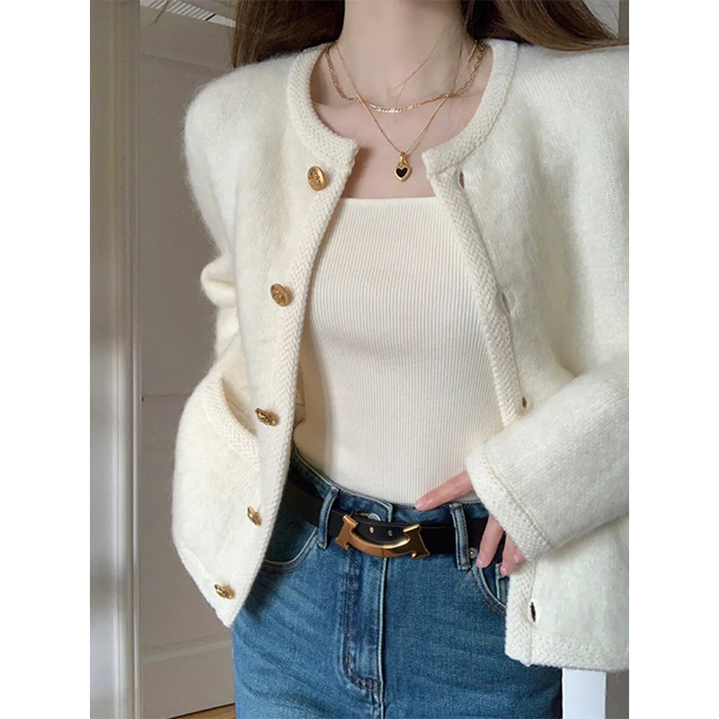 Women Autumn Fashion Trend Solid Color O-neck Long Sleeve Knitwear Women Clothes Office Lady All-match Knitting Cardigan Coat