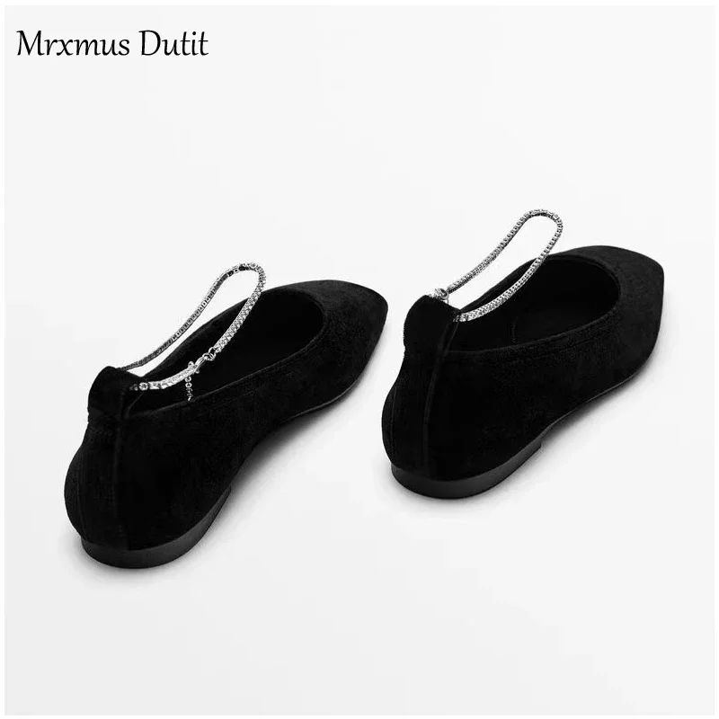 Mrxmus Dutit Brand Velvet Flat Bottomed Square Toe Single Shoes Shallow Mouth Rhinestone Decorative Ballet Shoes