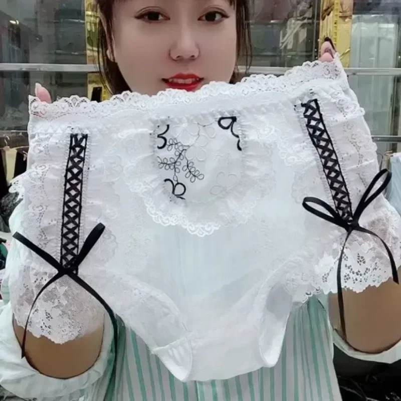 Big Size Lolita Sexy Lace Bow Briefs Sissy Mesh Mid-waist Panties Cross-dressing Transparent Embroidery Cute Briefs